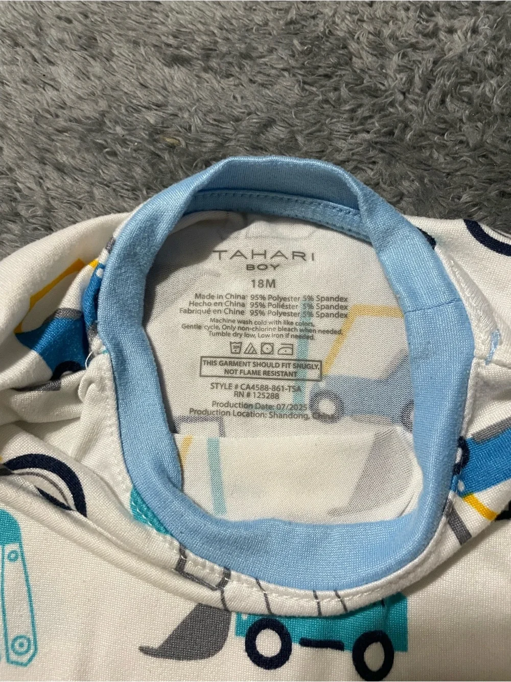 Tahari Cream Long-Sleeve Kids Shirt with Blue and Yellow Vehicle Print
